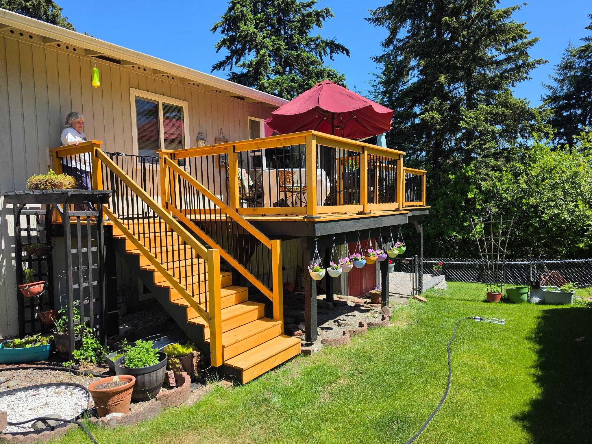 Freshly stained multi-level deck